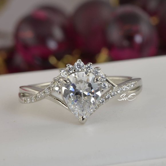 New Lab Diamond Halo Pear Engagement Ring - Picture 3 of 11